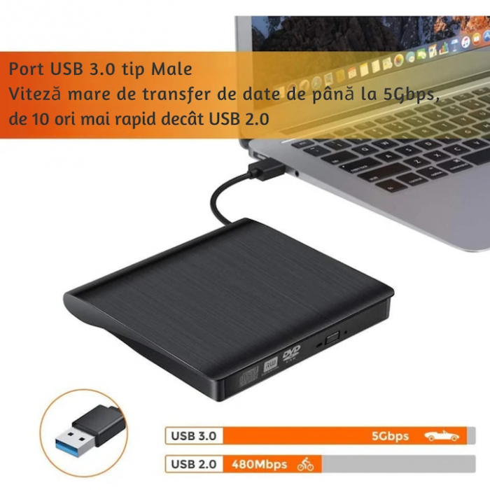 Unitate CD externa VarioShop®, USB 3.0, CD / VCD / DVD Burner Writer, Plug and Play,8X / 24X, Compatibil cu Windows/ Linux/ Mac OS, Negru [10]
