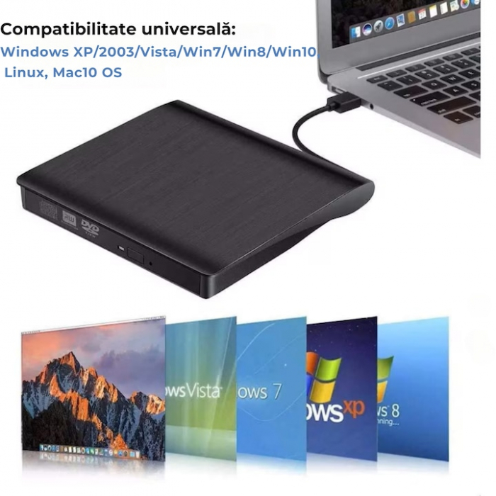 Unitate CD externa VarioShop®, USB 3.0, CD / VCD / DVD Burner Writer, Plug and Play,8X / 24X, Compatibil cu Windows/ Linux/ Mac OS, Negru [5]
