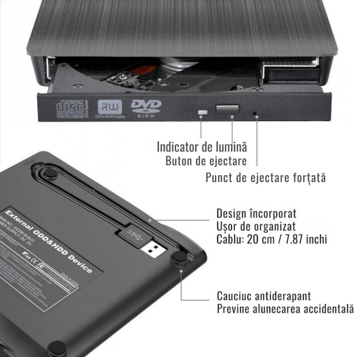 Unitate CD externa VarioShop®, USB 3.0, CD / VCD / DVD Burner Writer, Plug and Play,8X / 24X, Compatibil cu Windows/ Linux/ Mac OS, Negru [3]