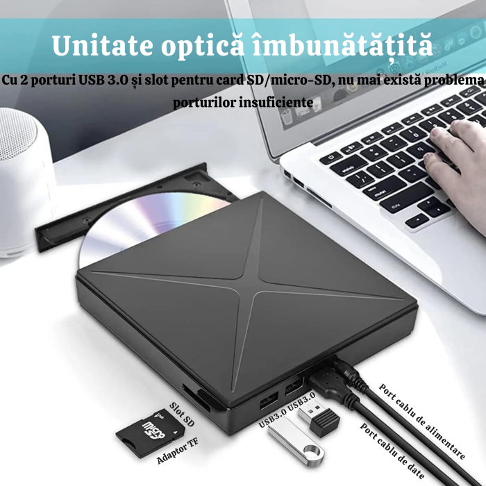 Unitate externa CD/DVD RW 4 in 1 VarioShop®, cu interfata USB 3.0 si USB-C, cititor carduri SD, 2 porturi USB suplimentare, viteza scriere 24X CD / 8X DVD, compatibil Windows, macOS, Linux, Plug & Pla [11]