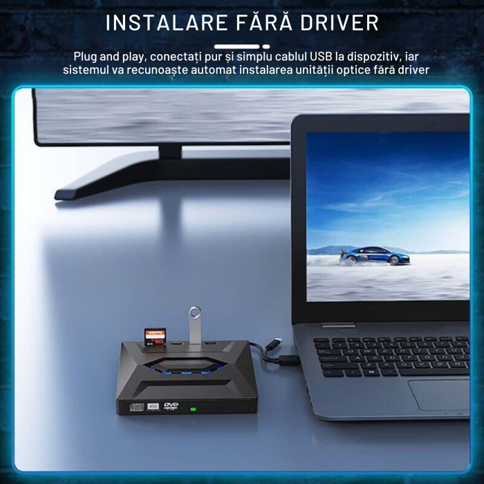 Unitate externa CD/DVD RW 5 in 1 VarioShop®, USB 3.0, USB-C, cititor carduri SD/TF, compatibil Windows, macOS, Linux, viteza scriere 24X, design compact si portabil, Negru [3]