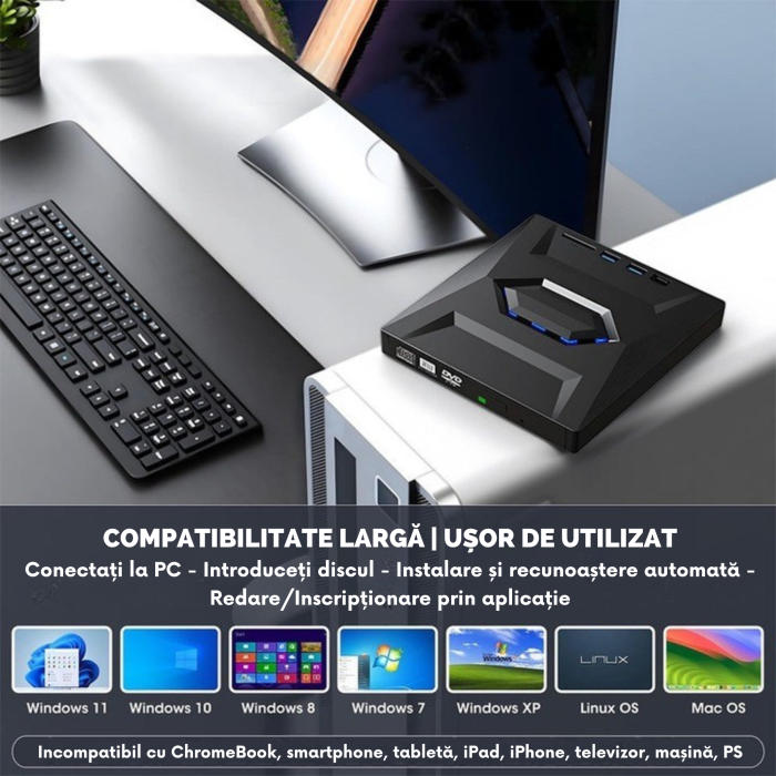 Unitate externa CD/DVD RW 5 in 1 VarioShop®, USB 3.0, USB-C, cititor carduri SD/TF, compatibil Windows, macOS, Linux, viteza scriere 24X, design compact si portabil, Negru [7]