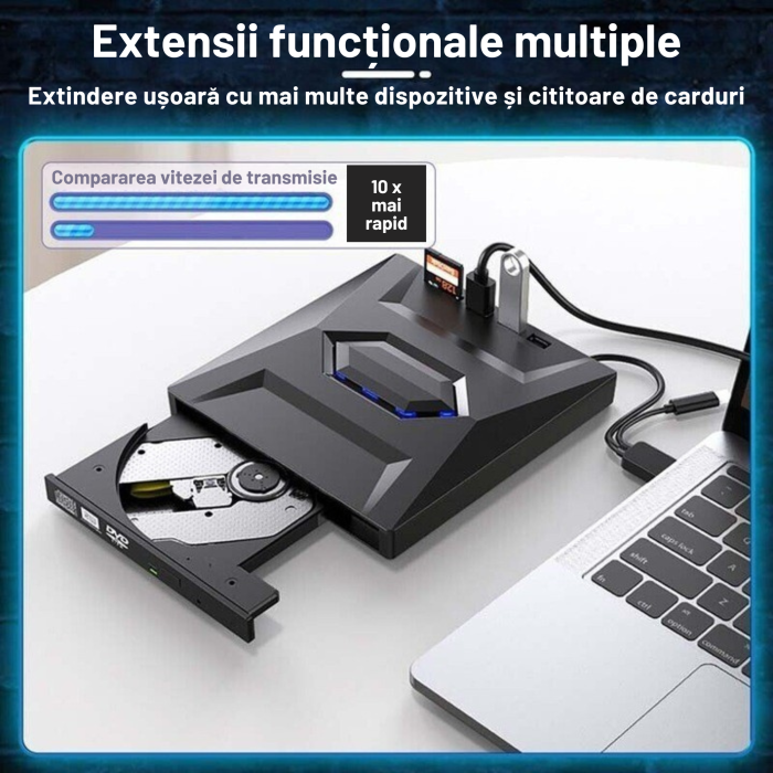 Unitate externa CD/DVD RW 5 in 1 VarioShop®, USB 3.0, USB-C, cititor carduri SD/TF, compatibil Windows, macOS, Linux, viteza scriere 24X, design compact si portabil, Negru [6]
