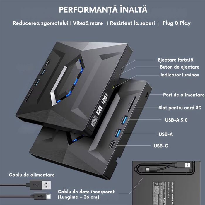 Unitate externa CD/DVD RW 5 in 1 VarioShop®, USB 3.0, USB-C, cititor carduri SD/TF, compatibil Windows, macOS, Linux, viteza scriere 24X, design compact si portabil, Negru [4]