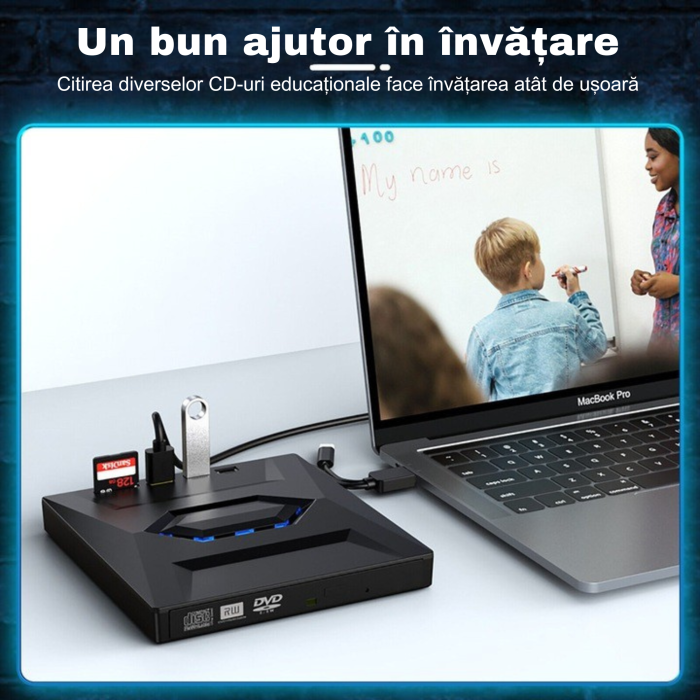 Unitate externa CD/DVD RW 5 in 1 VarioShop®, USB 3.0, USB-C, cititor carduri SD/TF, compatibil Windows, macOS, Linux, viteza scriere 24X, design compact si portabil, Negru [2]