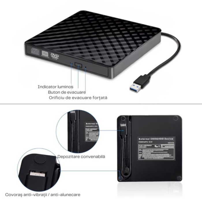 Unitate externa optica CD / DVD VarioShop®, USB 3.0/Type-c, 8x, 24x, Design subtire si design anti-alunecare, Plug and Play, Compatibila cu Windows / Linux / Mac OS, Negru [9]