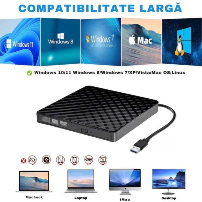 Unitate externa optica CD / DVD VarioShop®, USB 3.0/Type-c, 8x, 24x, Design subtire si design anti-alunecare, Plug and Play, Compatibila cu Windows / Linux / Mac OS, Negru [8]