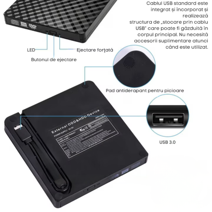 Unitate externa optica CD / DVD VarioShop®, USB 3.0/Type-c, 8x, 24x, Design subtire si design anti-alunecare, Plug and Play, Compatibila cu Windows / Linux / Mac OS, Negru [10]