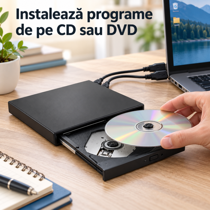 Unitate optica externa CD/DVD VarioShop, citire discuri si scriere CD, USB 2.0, plug & play, CD 24x, DVD 8x, 14×13,5×1,5 cm, neagra [9]