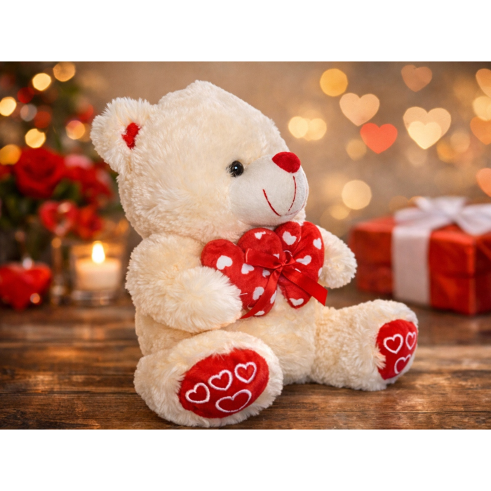 Ursulet de plus VarioShop®, crem, cu inimioara rosie si fundita decorativa, 30 x 28 cm [7]
