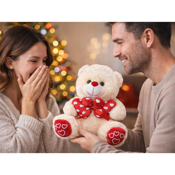 Ursulet de plus VarioShop®, crem, cu inimioara rosie si fundita decorativa, 30 x 28 cm [5]