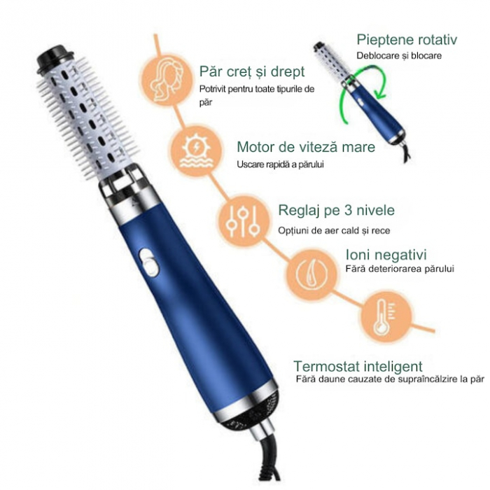 Uscator de Par 3 in 1 VarioShop®, Reglare in 3 Trepte, Uscare, Ondulare, Aranjare, Potrivit pentru Orice Tip de Par, Silentios, Incalzire Rapida, 230 V, Albastru [2]