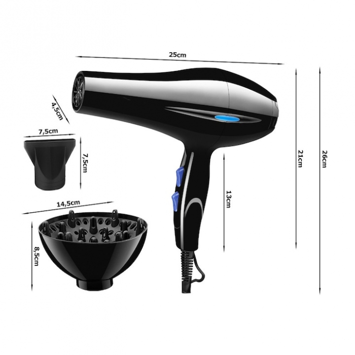 Uscator de Par Profesional VarioShop®, cu Ioni Termostatici, Difuzor, Concentrator, Reglare Temperatura 3 Trepte, Reglare Putere 2 Trepte, Cablu 125 m, Carlig Pentru Agatat, 1200W, 26 x 25 cm, Negru [22]