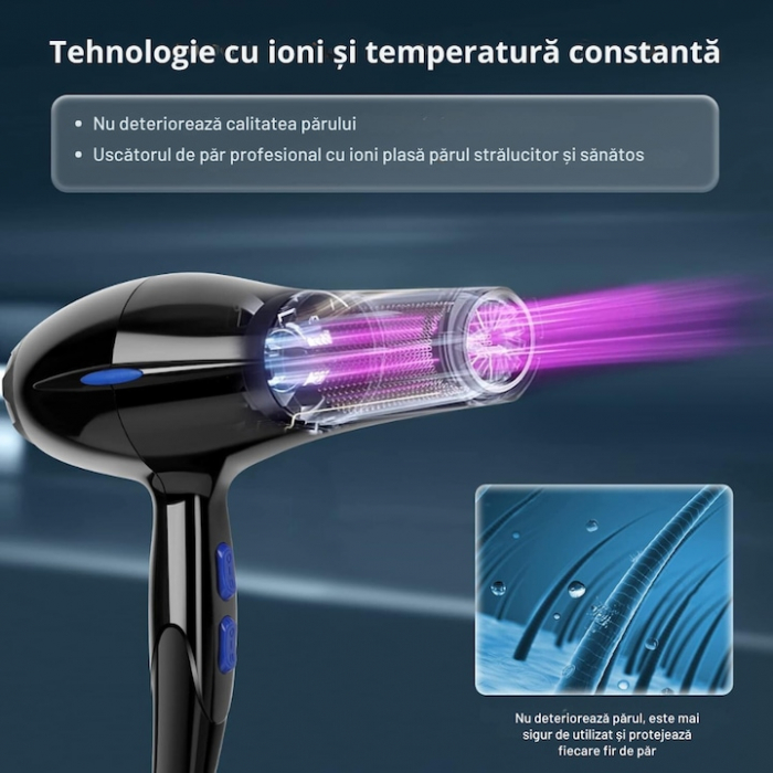 Uscator de Par Profesional VarioShop®, cu Ioni Termostatici, Difuzor, Concentrator, Reglare Temperatura 3 Trepte, Reglare Putere 2 Trepte, Cablu 125 m, Carlig Pentru Agatat, 1200W, 26 x 25 cm, Negru [2]