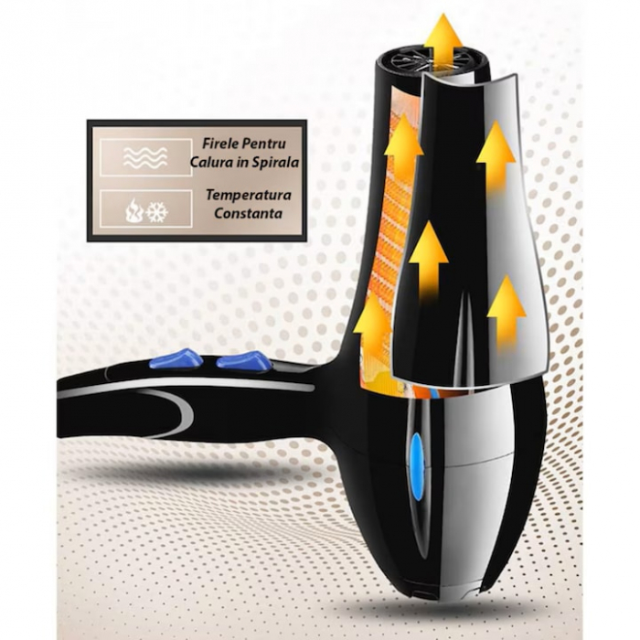 Uscator de Par Profesional VarioShop®, cu Ioni Termostatici, Difuzor, Concentrator, Reglare Temperatura 3 Trepte, Reglare Putere 2 Trepte, Cablu 125 m, Carlig Pentru Agatat, 1200W, 26 x 25 cm, Negru [8]