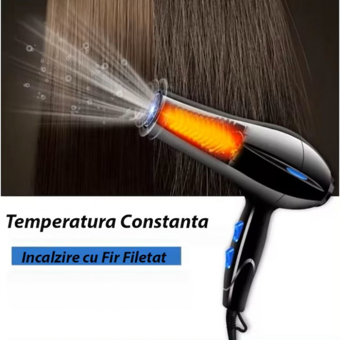 Uscator de Par Profesional VarioShop®, cu Ioni Termostatici, Difuzor, Concentrator, Reglare Temperatura 3 Trepte, Reglare Putere 2 Trepte, Cablu 125 m, Carlig Pentru Agatat, 1200W, 26 x 25 cm, Negru [15]