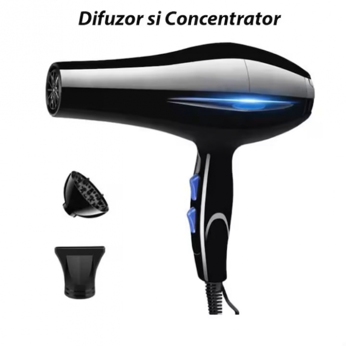 Uscator de Par Profesional VarioShop®, cu Ioni Termostatici, Difuzor, Concentrator, Reglare Temperatura 3 Trepte, Reglare Putere 2 Trepte, Cablu 125 m, Carlig Pentru Agatat, 1200W, 26 x 25 cm, Negru [14]