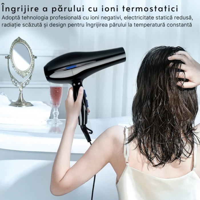 Uscator de Par Profesional VarioShop®, cu Ioni Termostatici, Difuzor, Concentrator, Reglare Temperatura 3 Trepte, Reglare Putere 2 Trepte, Cablu 125 m, Carlig Pentru Agatat, 1200W, 26 x 25 cm, Negru [7]
