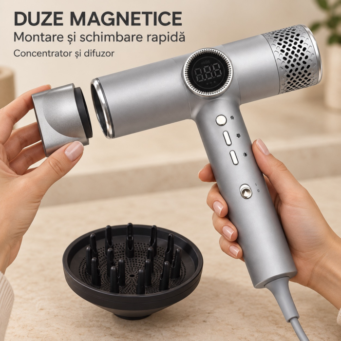 Uscator de par VarioShop®, 2000W, cu 4 trepte de temperatura, difuzor pentru bucle, cap magnetic de coafare, afisaj digital, argintiu [7]