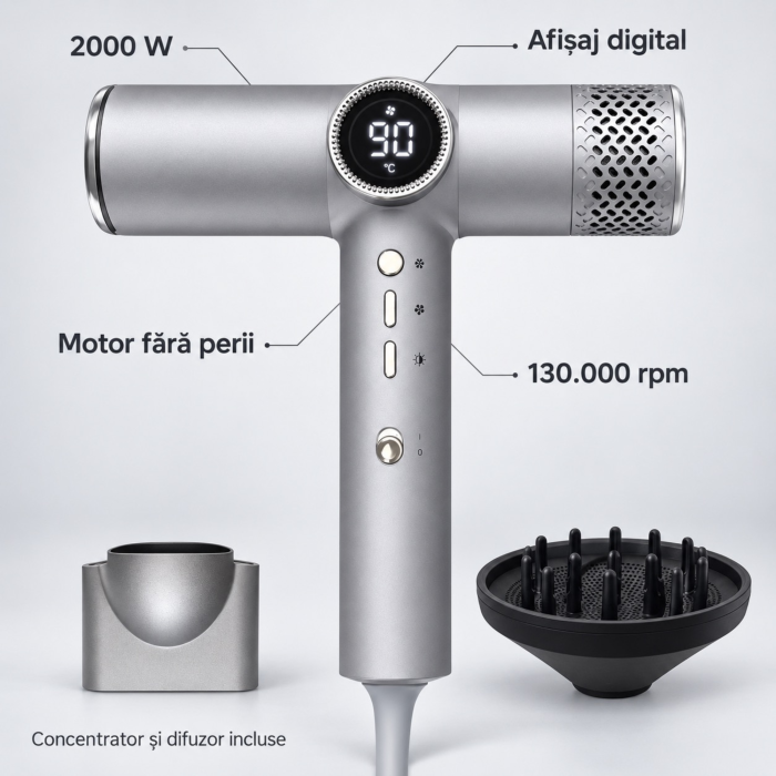 Uscator de par VarioShop®, 2000W, cu 4 trepte de temperatura, difuzor pentru bucle, cap magnetic de coafare, afisaj digital, argintiu [5]