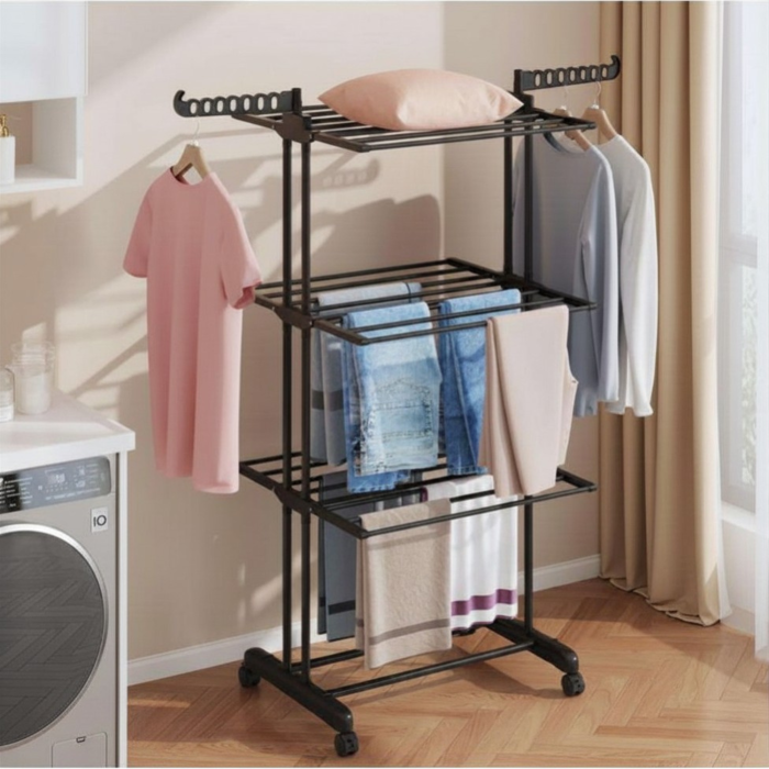 Uscator de rufe vertical pliabil VarioShop, 3 niveluri, 6 rafturi, 2 brate pentru umerase, suport rufe cu roti, pentru interior si exterior, capacitate 40 kg, negru [2]