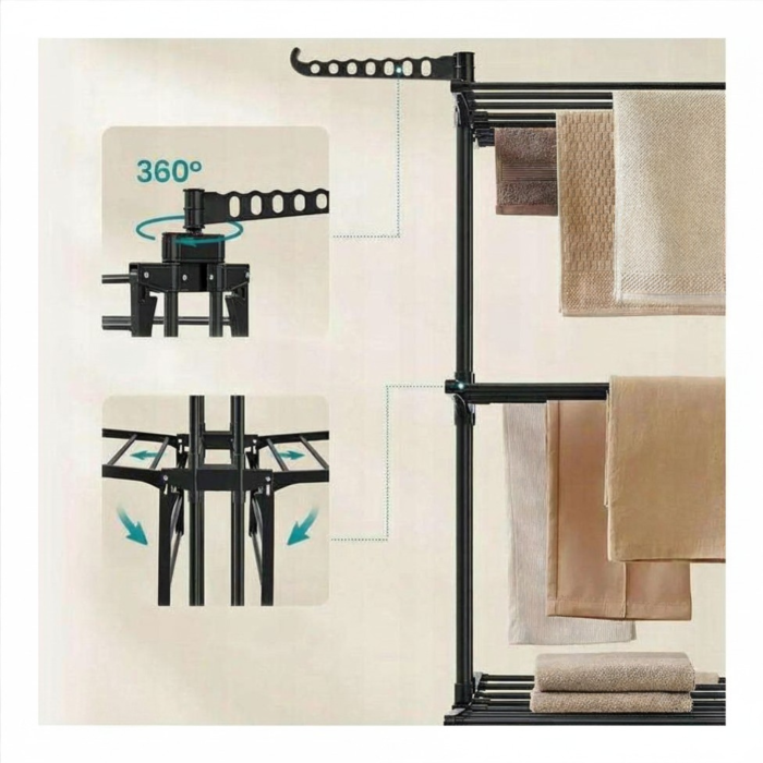 Uscator de rufe vertical pliabil VarioShop, 3 niveluri, 6 rafturi, 2 brate pentru umerase, suport rufe cu roti, pentru interior si exterior, capacitate 40 kg, negru [4]