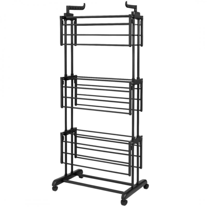 Uscator de rufe vertical pliabil VarioShop, 3 niveluri, 6 rafturi, 2 brate pentru umerase, suport rufe cu roti, pentru interior si exterior, capacitate 40 kg, negru [5]