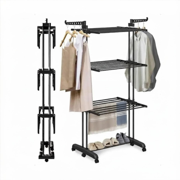Uscator de rufe vertical pliabil VarioShop, 3 niveluri, 6 rafturi, 2 brate pentru umerase, suport rufe cu roti, pentru interior si exterior, capacitate 40 kg, negru [6]