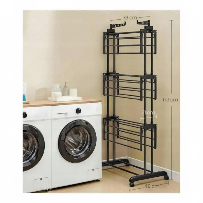 Uscator de rufe vertical pliabil VarioShop, 3 niveluri, 6 rafturi, 2 brate pentru umerase, suport rufe cu roti, pentru interior si exterior, capacitate 40 kg, negru [3]
