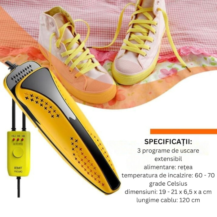 Uscator Electric de Pantofi VarioShop®, Utilizare Universala, Extensibil, 3 Programe de Uscare, Portabil, Usor de Utilizat, 19-21 x 6.5 cm, Galben [2]