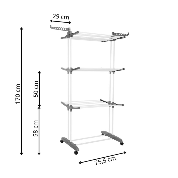 Uscator rufe vertical pliabil VarioShop®, 3 niveluri, 6 brate pliabile, 32 m uscare, suport umerase, cu roti, otel si ABS, capacitate 40 kg, alb gri [2]