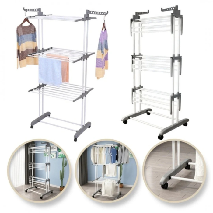 Uscator rufe vertical pliabil VarioShop®, 3 niveluri, 6 brate pliabile, 32 m uscare, suport umerase, cu roti, otel si ABS, capacitate 40 kg, alb gri [3]