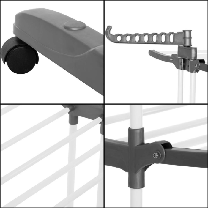 Uscator rufe vertical pliabil VarioShop®, 3 niveluri, 6 brate pliabile, 32 m uscare, suport umerase, cu roti, otel si ABS, capacitate 40 kg, alb gri [7]