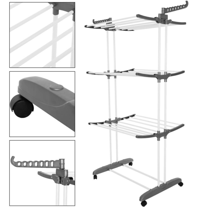 Uscator rufe vertical pliabil VarioShop®, 3 niveluri, 6 brate pliabile, 32 m uscare, suport umerase, cu roti, otel si ABS, capacitate 40 kg, alb gri [6]