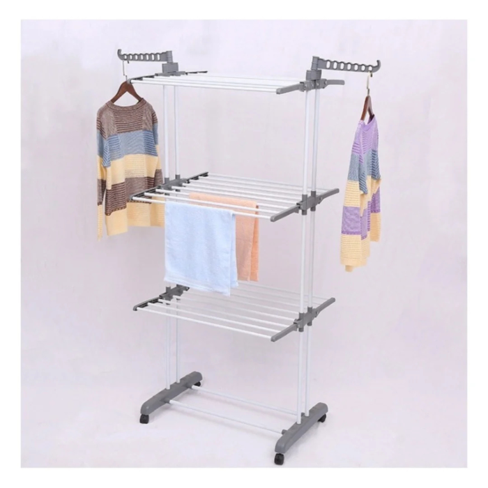 Uscator rufe vertical pliabil VarioShop®, 3 niveluri, 6 brate pliabile, 32 m uscare, suport umerase, cu roti, otel si ABS, capacitate 40 kg, alb gri [10]