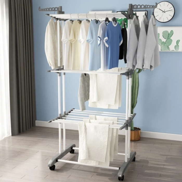 Uscator rufe vertical pliabil VarioShop®, 3 niveluri, 6 brate pliabile, 32 m uscare, suport umerase, cu roti, otel si ABS, capacitate 40 kg, alb gri [8]