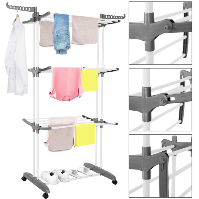 Uscator rufe vertical pliabil VarioShop®, 3 niveluri, 6 brate pliabile, 32 m uscare, suport umerase, cu roti, otel si ABS, capacitate 40 kg, alb gri [4]