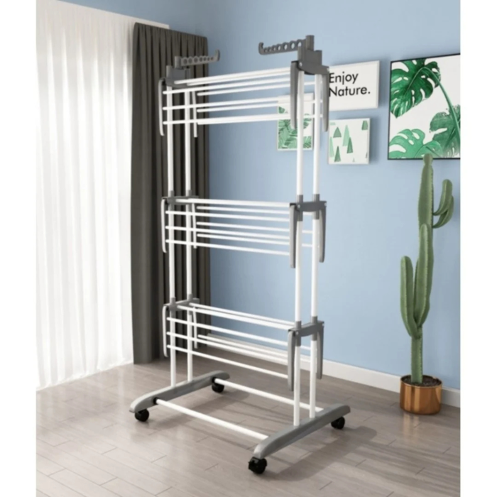 Uscator rufe vertical pliabil VarioShop®, 3 niveluri, 6 brate pliabile, 32 m uscare, suport umerase, cu roti, otel si ABS, capacitate 40 kg, alb gri [5]