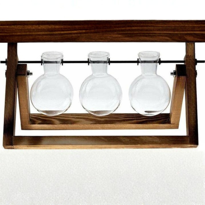 Vaza Hidroponica Varioshop, 3 Ghivece Sticla Transparenta, Suport Lemn Natural Pliabil, 28x13.5 cm, Cultivare Plante Fara Pamant, Maro/Transparent [7]