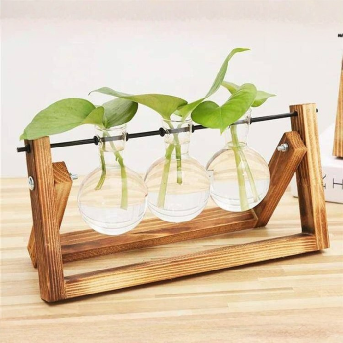 Vaza Hidroponica Varioshop, 3 Ghivece Sticla Transparenta, Suport Lemn Natural Pliabil, 28x13.5 cm, Cultivare Plante Fara Pamant, Maro/Transparent [5]