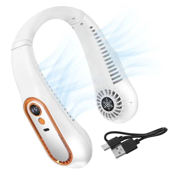 Ventilator de gat portabil VarioShop®, pentru zile calduroase si activitati in aer liber, wireless, 5 moduri de viteza, baterie 1200 mAh, alb cu accesorii aurii [11]