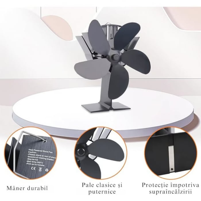 Ventilator mecanic pentru semineu VarioShop®, 5 pale, maner practic, porneste la 60°C, temperatura maxima de 345°C, aluminiu/ otel inoxidabil, 10.5 x 7.5 x 24 cm, negru [6]