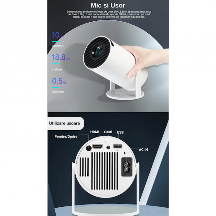 Videoproiector Portabil Smart 4K VarioShop®, 1200 lumeni, Wi-Fi 2.4/5G/BT4.1, Bluetooth 5.0, Sistem Operare Android TV 11.0, Rotire la 180°, Autofocus, Rezolutie 1280x720p HD, Quad Core, Interfata HDM [9]