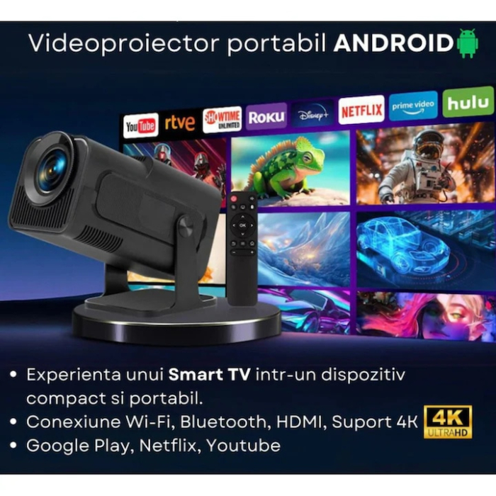 Videoproiector portabil VarioShop®, Wi-Fi, Bluetooth 5.0, Rezolutie FullHD 1280 x 720, Suport 4K, 250 ANSI, cu Android 11, Conexiune HDMI, USB si Mirroring Android/IOS, Difuzor Integrat, Negru [3]