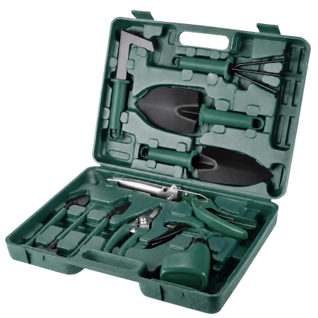 Set 10 unelte de gradinarit VarioShop®, pentru plantare, afanarea solului si tunderea plantelor, otel inoxidabil, pulverizator si valiza de transport