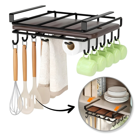 Raft suspendat VarioShop, pentru organizarea accesoriilor de bucatarie, amplasare sub dulap, finisaj mat, metal, 25 × 25 × 9,7 cm, negru - VarioShop
