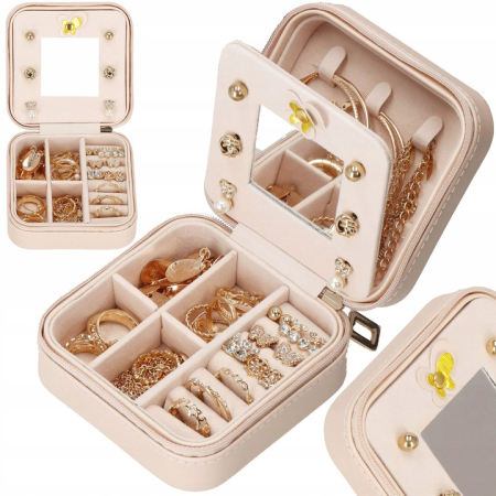 Cadou pentru EA - Cutie de bijuterii, 10x10cm, cu oglinda, organizator compact pentru calatorii, roz deschis