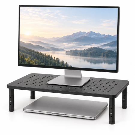 Electronice & Gadgeturi - Suport monitor si laptop VarioShop®, pentru organizarea biroului, inaltime reglabila pe 3 niveluri, platforma perforata, picioare antiderapante, otel, sarcina maxima 20 kg, 37×23,6 cm