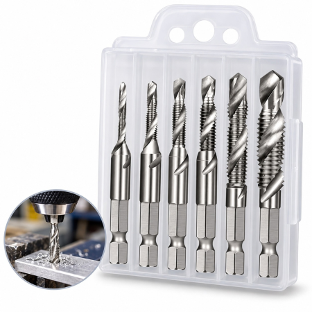 Bricolaj & Gradina - Set 6 burghie tarod VarioShop, pentru gaurire, filetare si tesire, otel HSS, M3–M10, toc inclus
