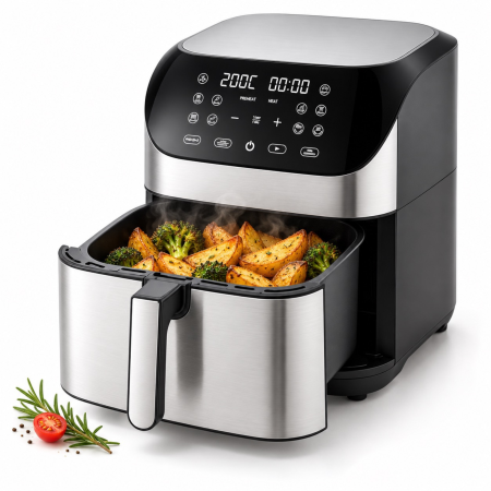 Casa & Bucatarie - Friteuza cu aer cald VarioShop®, 8L, 10 programe automate, 1800W, gatire fara ulei pentru preparate crocante, panou digital tactil, 80-200°C, negru-argintiu